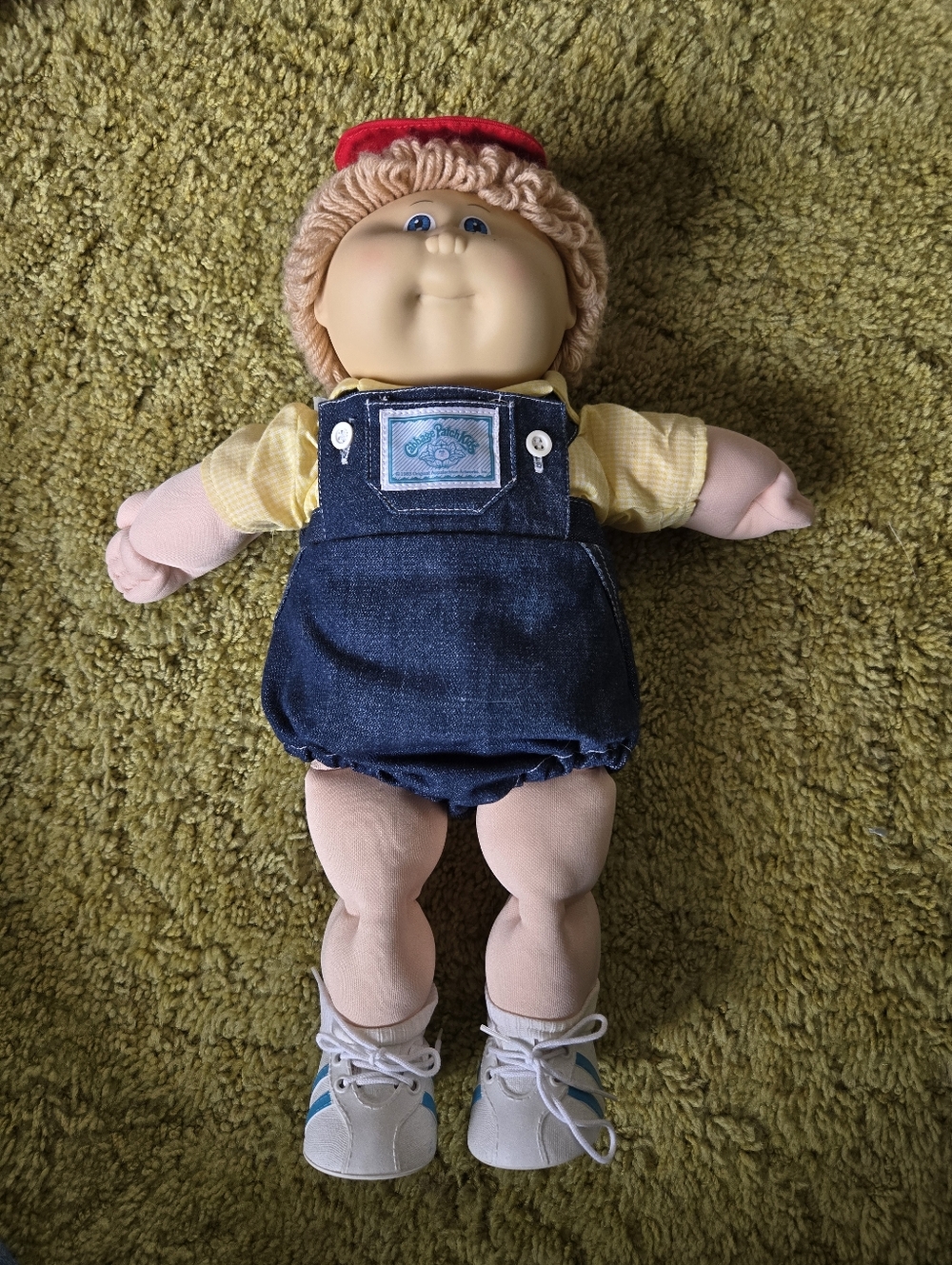1980's Cabbage Patch Kids Denim Overalls Doll - Yellow Shirt, Red Cap